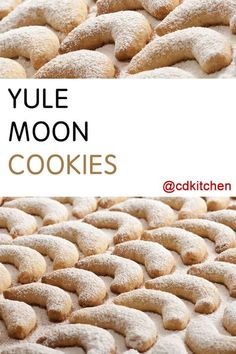 yule moon cookies are stacked on top of each other with the words yule moon cookies above them