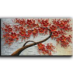 an abstract painting with red flowers on a white brick wall and a tree in the foreground