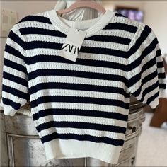 Zara Size Small Blue And White Striped Sweater. Brand New With Tags Fitted Navy Sweater For Spring, Zara Striped Sweater For Spring, Spring Striped Zara Sweater, White Zara Sweater For Summer, Zara Summer Sweater For Day Out, Blue And White Striped Sweater, Denim Short Jumpsuit, Zara Summer, White Striped Sweater