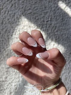 French Tip Nails Two Lines, White Line French Tip Nails, Almond French Tip Ideas, Sparkle White Tip Nails, Nails For White Dress Prom, French Tip Nails Lines, French Nails Two Lines, 2 Line French Tip, French Tip With Underline