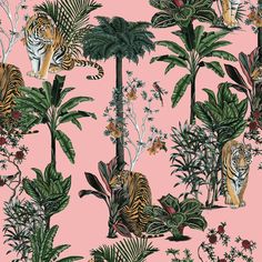 a pink wallpaper with tiger and tropical plants on the left, palm trees on the right