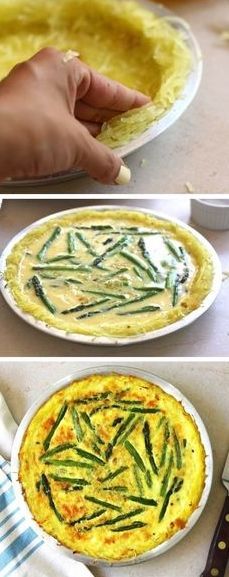 three different views of an omelet being made with asparagus and cheese