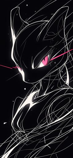 a black cat with pink eyes and white lines on it's face is staring at the viewer