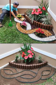 a man is working on some plants in the ground and another has flowers growing out of it