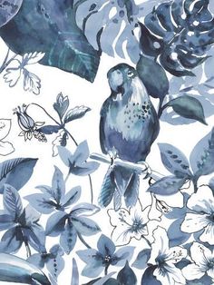 a blue bird sitting on top of a branch surrounded by leaves and flowers in front of a white background