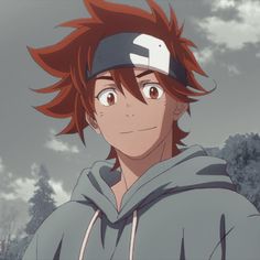 an anime character with red hair wearing a hoodie and looking at the camera while standing in front of trees