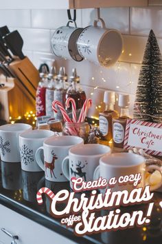 coffee mugs are lined up on the counter with christmas decorations and candy canes