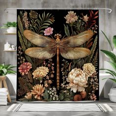 a shower curtain with an image of a dragonfly on it's wings surrounded by flowers