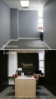 before and after photo of an office space with gray walls, carpeted flooring and white ceiling