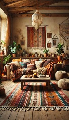 a living room filled with lots of furniture and rugs on top of a wooden floor