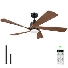 a ceiling fan with remote control and two blades on the wall next to it is an appliance