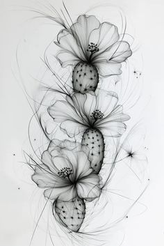 black and white drawing of three flowers on a white background, with lines in the middle