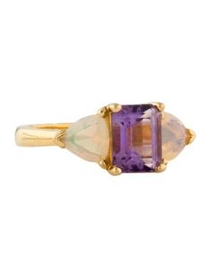 14K Yellow GoldFeaturing 1.53 Carat Emerald Cut Amethyst & 0.86 Carat Modified Triangular Brilliant Opal Emerald Cut, Amethyst Ring, Cocktail Rings, Emerald, Ring, Opal, Jewelry Rings, Amethyst