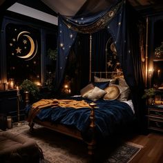 a bed room with a neatly made bed surrounded by candles