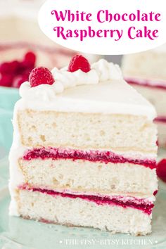 a slice of white cake with raspberry filling on a plate