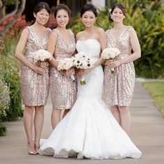 bride and her bridesmaids in sequin dresses