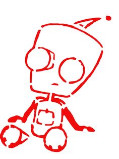 a red drawing of a robot sitting on the ground