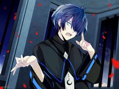 an anime character with blue hair pointing to the side while standing in front of a window