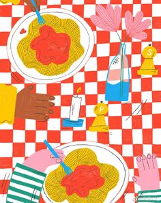 two plates of food on a checkered red and white tablecloth with hands holding utensils