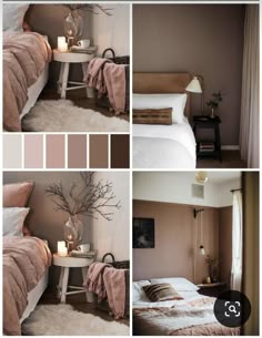 a collage of photos showing different rooms with pink and brown colors on the walls