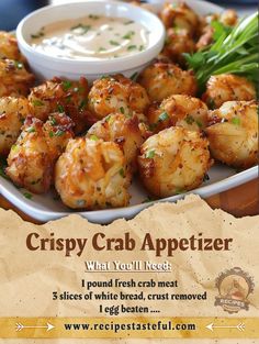 an advertisement for crispy crab appetizer on a white plate with dipping sauce