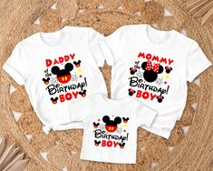 two shirts with mickey mouse faces on them, one is for a boy and the other is for a girl