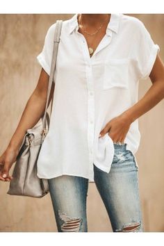 Casual Tops 3/4 Sleeve Stripe Printed Collared Shirts - Azzlee Pocket Blouse, Half Sleeve Blouse, Solid Color Shirt, Linen Blouse, White Shirts, Casual Blouse, Sleeves Pattern, Long Sleeve Casual, Short Sleeve Blouse