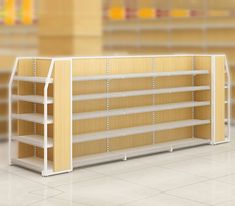 an empty shelf in the middle of a store with shelves on each side and two rows of shelves behind it