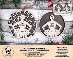 two wooden ornaments with the words, stadium series spotlight ornament and cheerleader ready svg