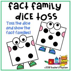 a poster with the words fact family dice toss and two faces on it's side