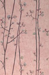 a pink wallpaper with small white flowers and leaves on the top right corner, in front of a beige background