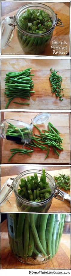 the steps to prepare green beans in a glass bowl on top of a wooden table