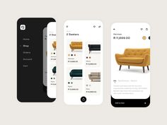 three mobile phone screens displaying furniture and interior design elements, with the same color scheme