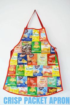 an apron made out of various types of food and the words crisp packet apron on it