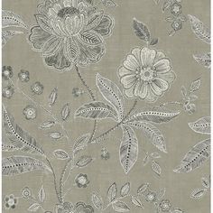 a gray wallpaper with flowers and leaves on it