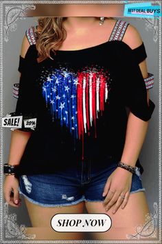 Print Cold Shoulder 3/4 Sleeves Casual Plus Size Blouses Fall Graphic Print Half-sleeve Tops, American Flag Print Long Sleeve Summer Top, American Flag Print Long Sleeve Top For Summer, Black Tops With American Flag Print For Summer, Black Summer Top With American Flag Print, Summer 3/4 Sleeve Tops With Graphic Print, Long Sleeve Top With American Flag Print For Spring, American Flag Print Long Sleeve Top For Spring, 3/4 Sleeve Graphic Print Tops For Spring