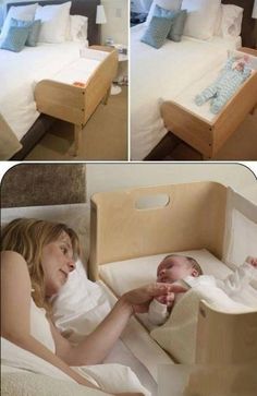 there are three pictures of a baby in a crib and two photos of a bed