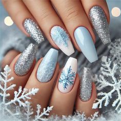 "Sparkle through winter with glittery nails! Add a frosty shimmer to your look with dazzling winter-inspired designs, from icy silver sparkles to festive glitter accents. Perfect for adding a touch of glam to the chilly season!" Ice Blue And Silver Nails, Silver Sparkly Christmas Nails, Icy Glitter Nails, Tiffany Blue Christmas Nails, Christmas Nails Blue Glitter, Gray Christmas Nail Designs, Winter Nails Silver Glitter, White Blue Silver Nails, New Years Nails Design 2025