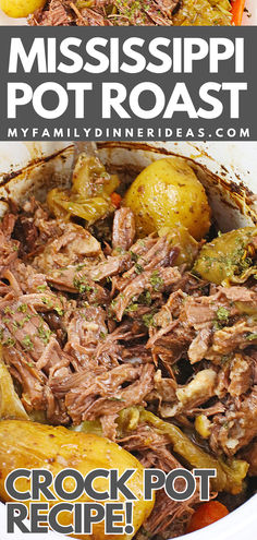 a pot roast with potatoes and carrots on the side in a white casserole dish