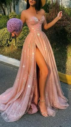 Split Prom Dresses, Pink Bridesmaid Dress, Strapless Prom Dresses, Pink Prom Dress, Sweetheart Prom Dress, Pink Prom