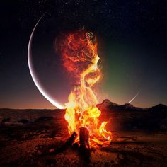 a person sitting in front of a fire with the moon and stars above them on a night sky