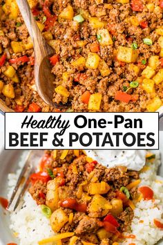 a close up of a plate of food with rice and vegetables on it, the title above reads healthy one - pan beef and potatoes