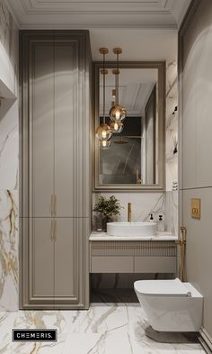 a bathroom with marble floors and walls