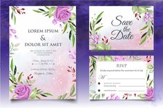 wedding card with watercolor flowers and leaves on purple background, save the date cards