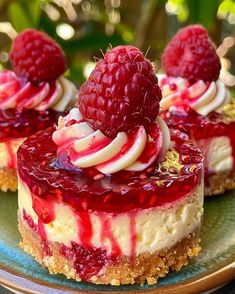 three raspberry cheesecakes on a blue plate