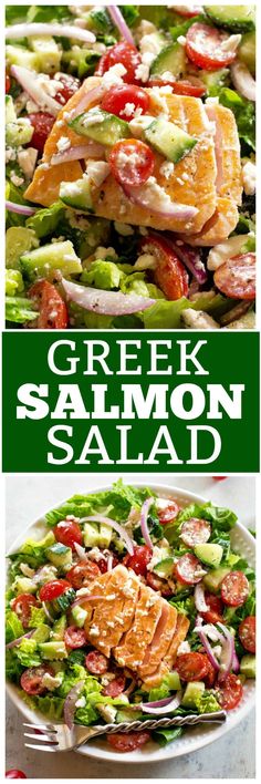 greek salad with salmon, lettuce and tomatoes in it on a white plate