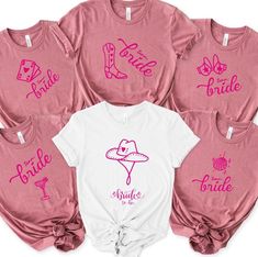 six pink shirts with the words bride and bachelor written on them, all in different font styles