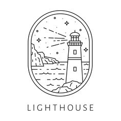 the lighthouse logo in black and white, with an oval frame around it that reads light house