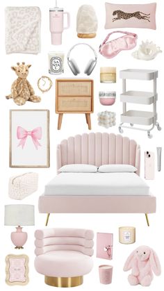 a collage of pink and gold items including a couch, bed, nightstand, lamp, teddy bear