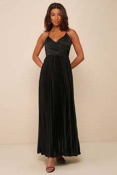 Precious Sentiments Black Satin Pleated Tie-Back Maxi Dress Lulus Black Dress, Pleated Black Dress, Maxi Dress Satin, Black Pleated Dress, Bridal Party Dresses, Adhesive Bra, Surplice Neckline, Make Memories, Dresses Backless